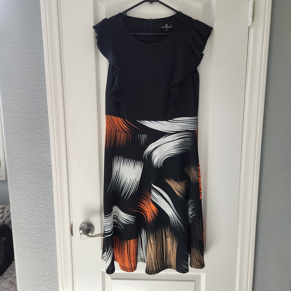 Yathon Womens Ruffle Sleeve A-Line Dress Black Orange Abstract Print Size L